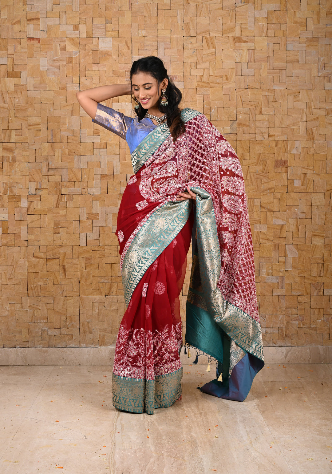 Authentic Hand Chikankari with Gotta Work on Maroon Georgette Saree and Fusion Kanjivaram Border