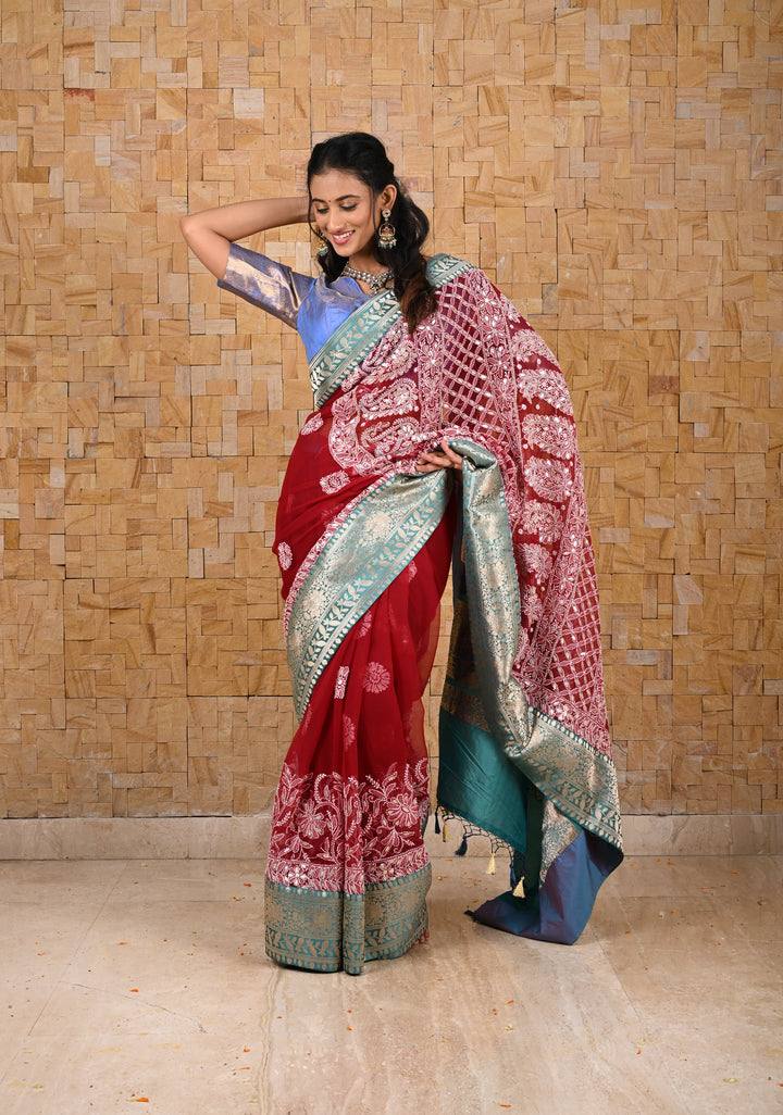 Authentic Hand Chikankari with Gotta Work on Maroon Georgette Saree and Fusion Kanjivaram Border