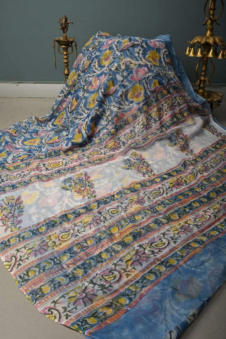 Blue Georgette Saree with Sanganeri Hand Block Print | SHOBITAM