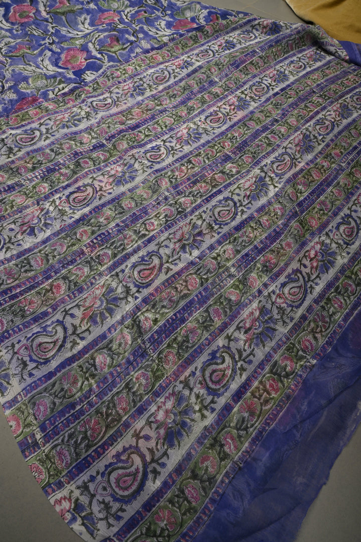 Ink Purple Georgette Saree with Sanganeri Hand Block Print | SHOBITAM