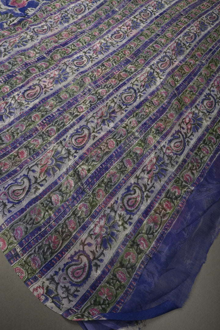 Ink Purple Georgette Saree with Sanganeri Hand Block Print | SHOBITAM
