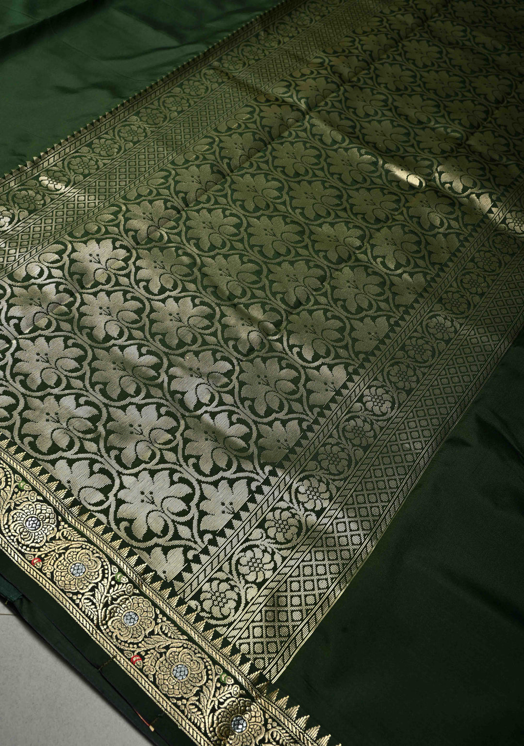 Deep Bottle Green Semi Silk Saree with Minimal Alfi Zari Border | SHOBITAM
