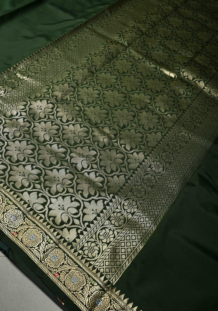 Deep Bottle Green Semi Silk Saree with Minimal Alfi Zari Border | SHOBITAM