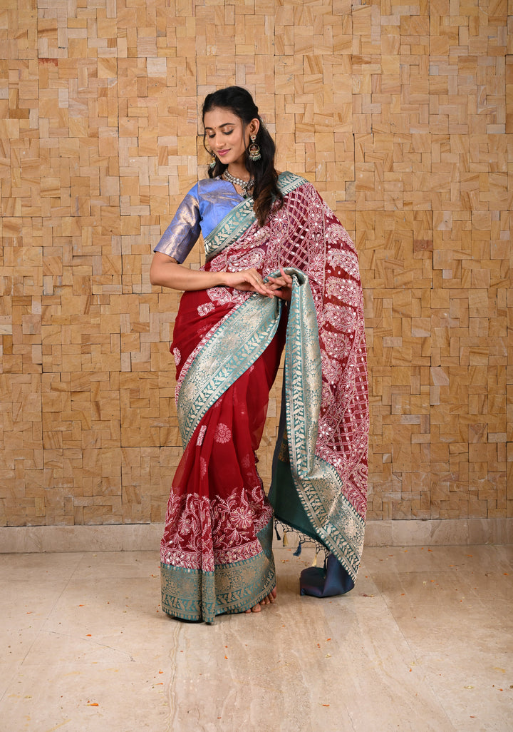 Authentic Hand Chikankari with Gotta Work on Maroon Georgette Saree and Fusion Kanjivaram Border