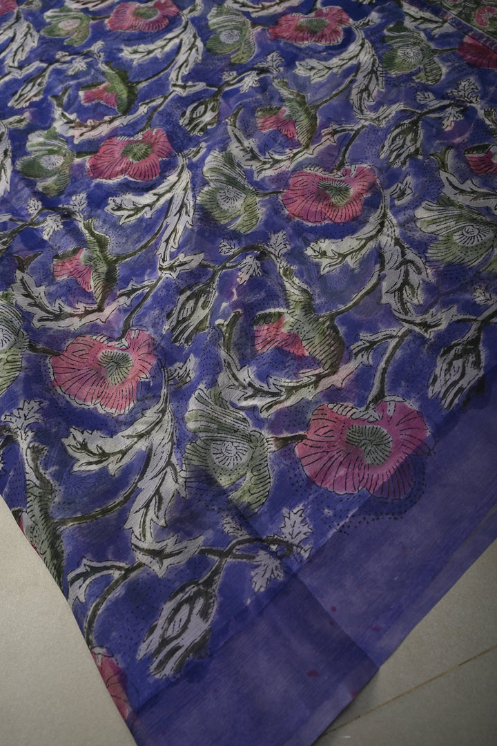 Ink Purple Georgette Saree with Sanganeri Hand Block Print | SHOBITAM