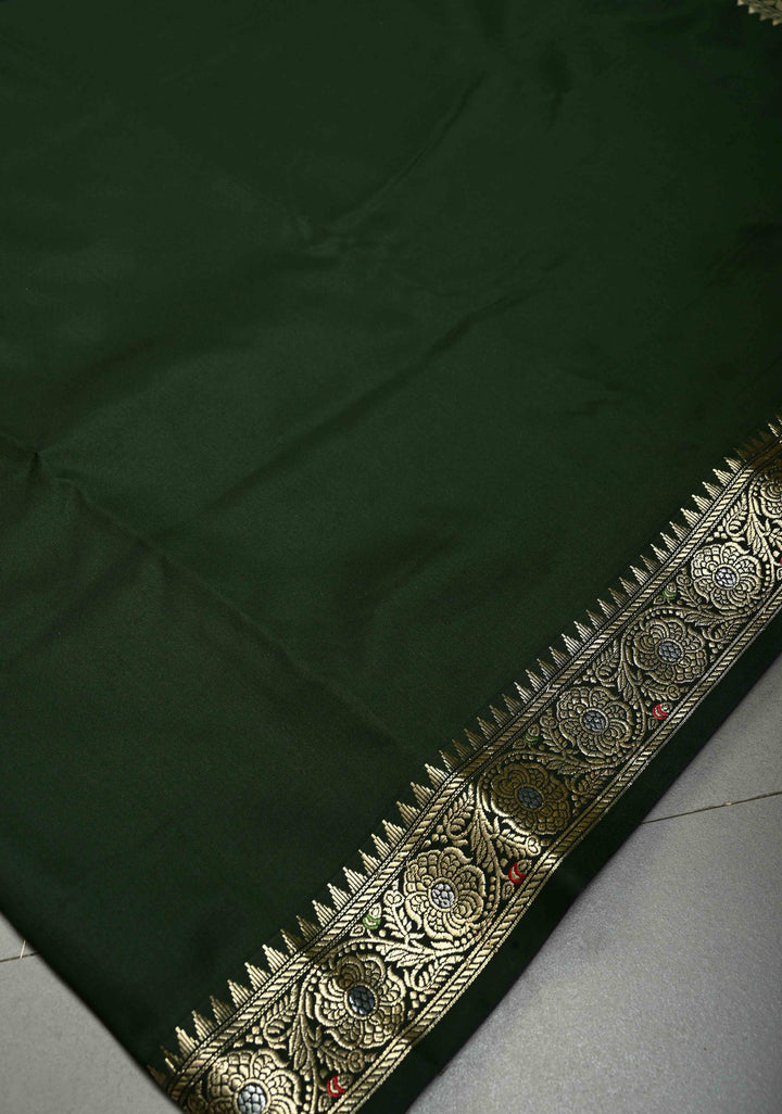 Deep Bottle Green Semi Silk Saree with Minimal Alfi Zari Border | SHOBITAM