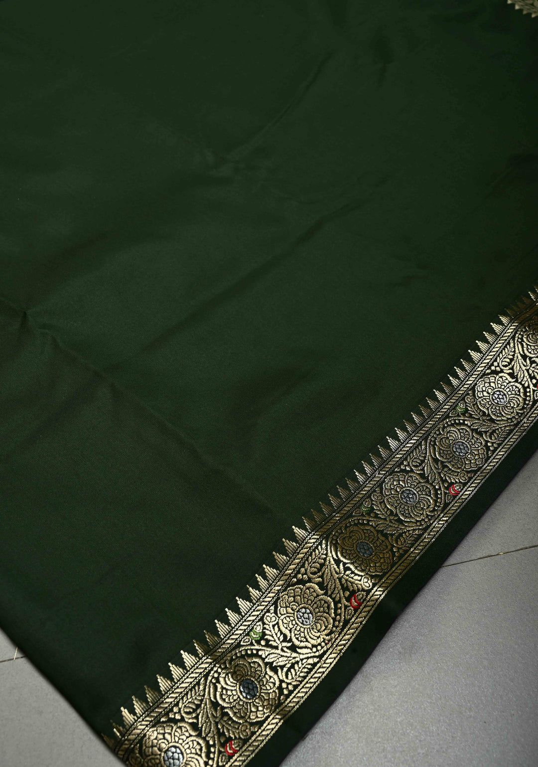 Deep Bottle Green Semi Silk Saree with Minimal Alfi Zari Border | SHOBITAM