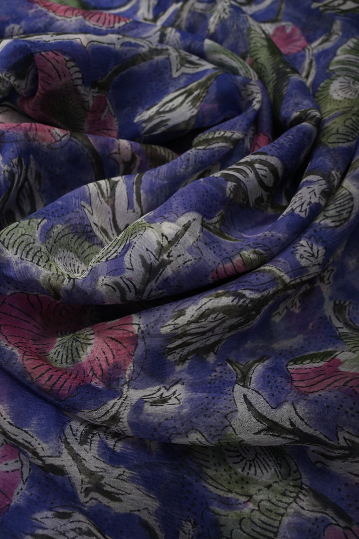 Ink Purple Georgette Saree with Sanganeri Hand Block Print | SHOBITAM