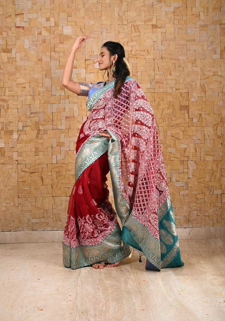 Authentic Hand Chikankari with Gotta Work on Maroon Georgette Saree and Fusion Kanjivaram Border