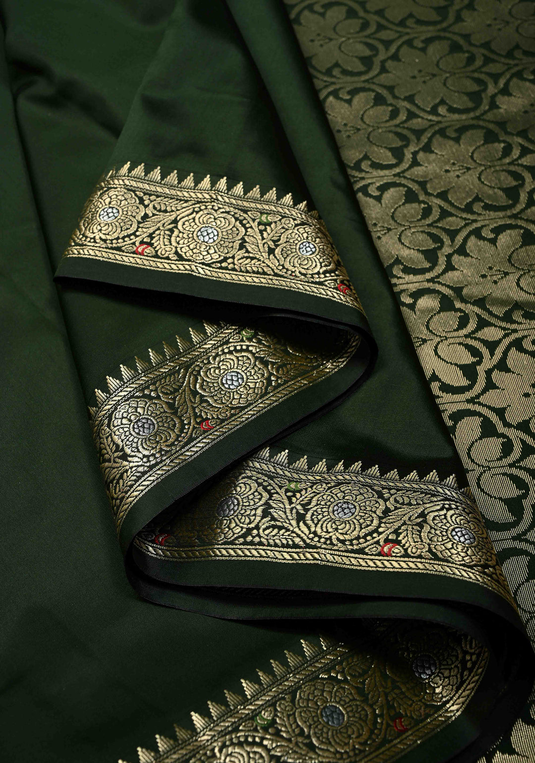 Deep Bottle Green Semi Silk Saree with Minimal Alfi Zari Border | SHOBITAM