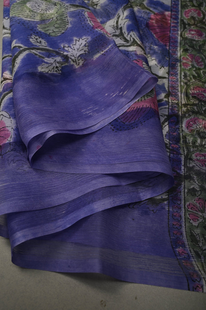Ink Purple Georgette Saree with Sanganeri Hand Block Print | SHOBITAM