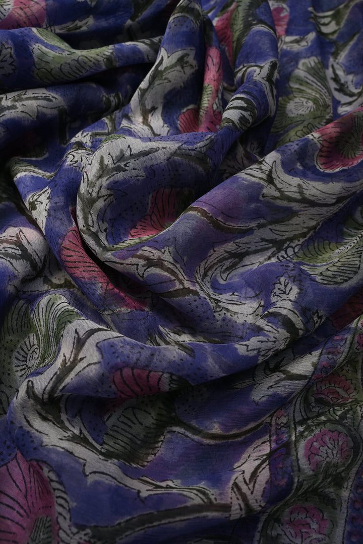 Ink Purple Georgette Saree with Sanganeri Hand Block Print | SHOBITAM