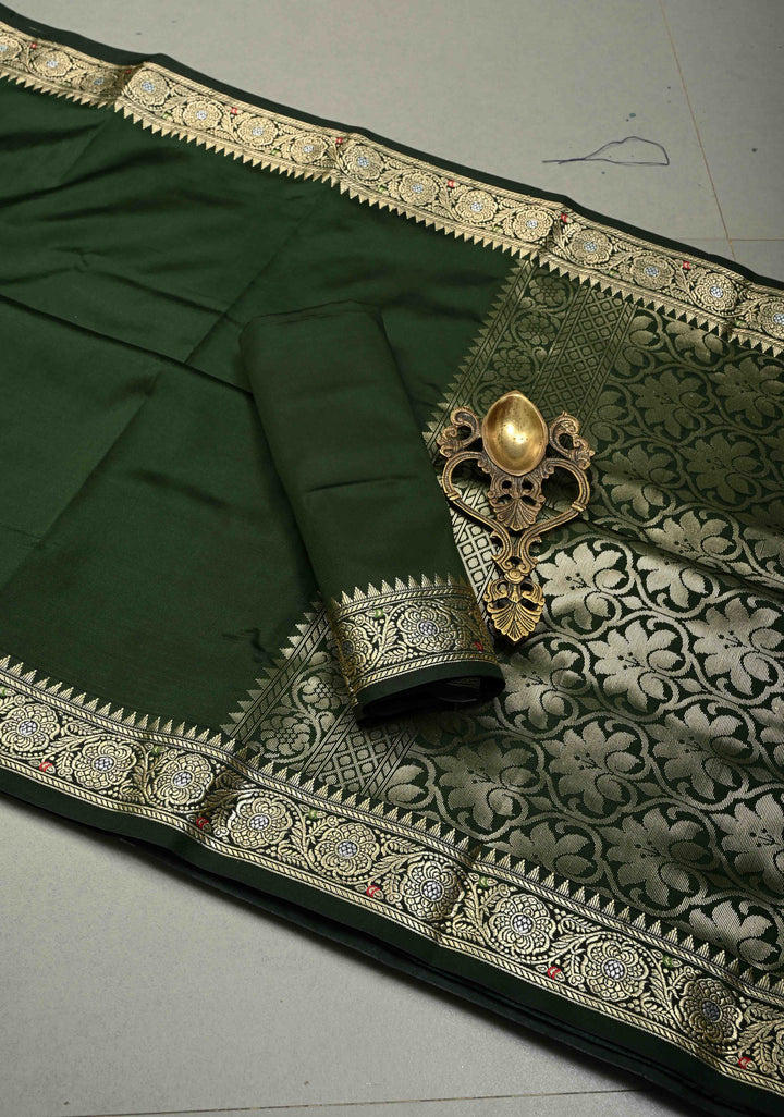 Deep Bottle Green Semi Silk Saree with Minimal Alfi Zari Border | SHOBITAM