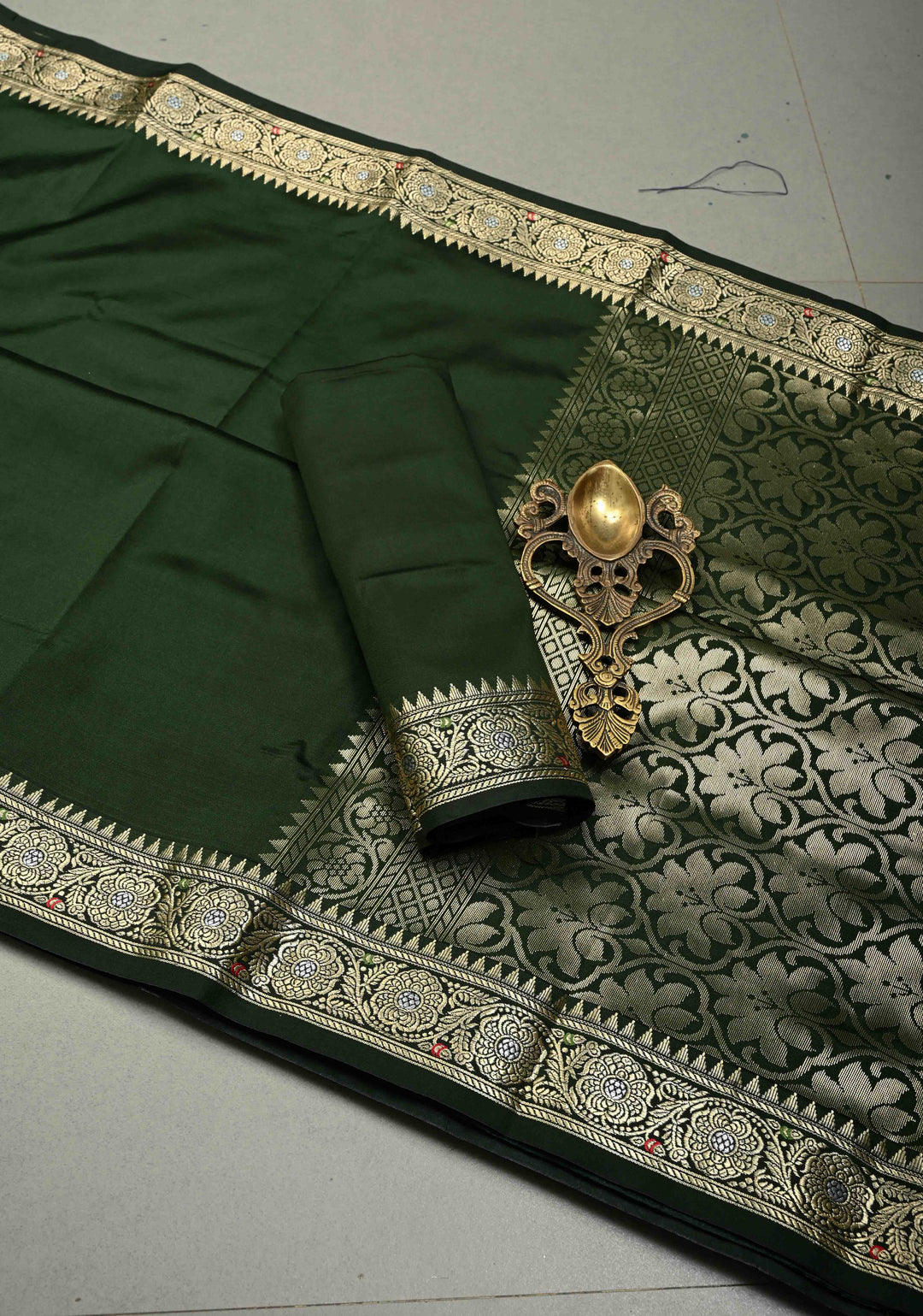 Deep Bottle Green Semi Silk Saree with Minimal Alfi Zari Border | SHOBITAM