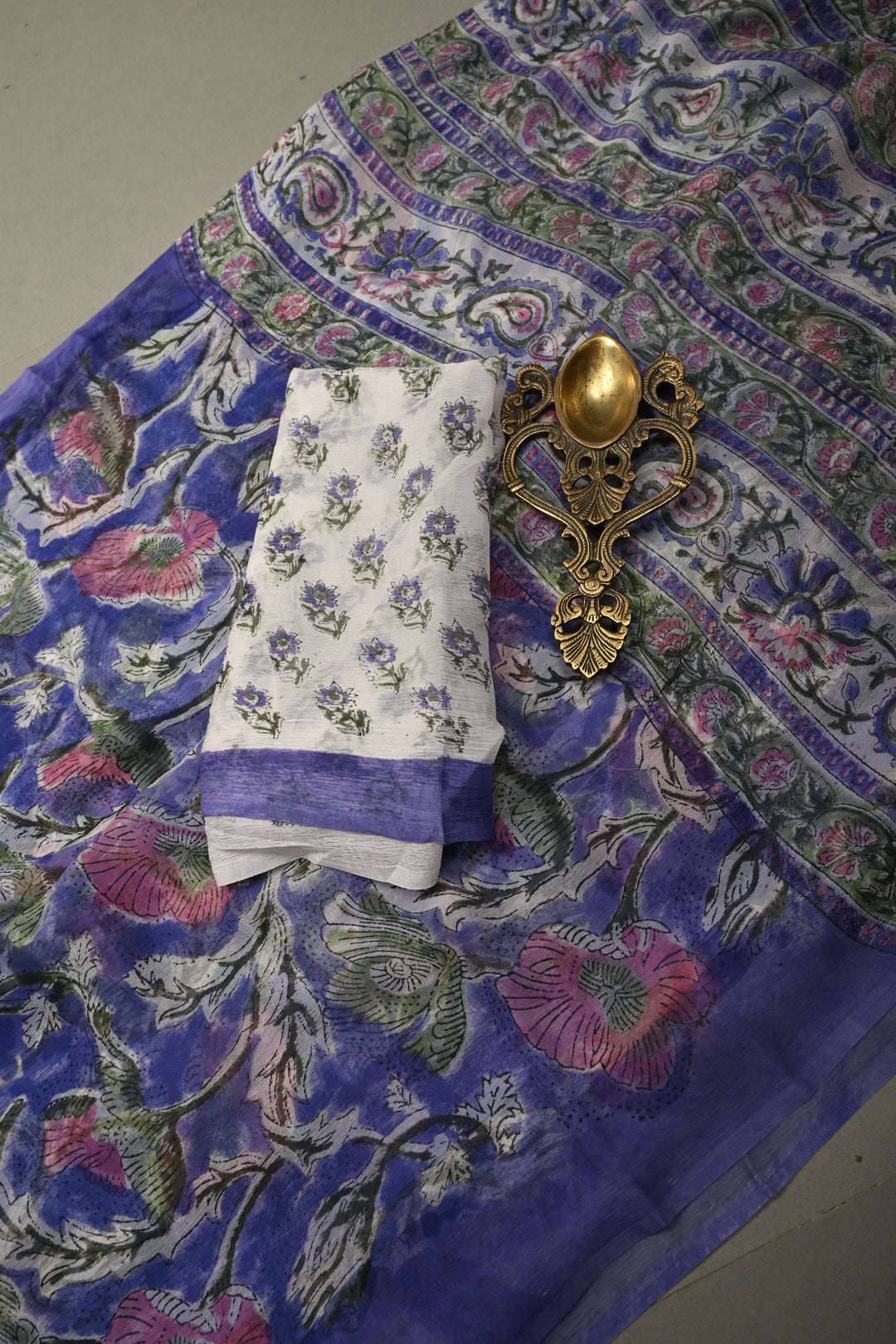 Ink Purple Georgette Saree with Sanganeri Hand Block Print | SHOBITAM
