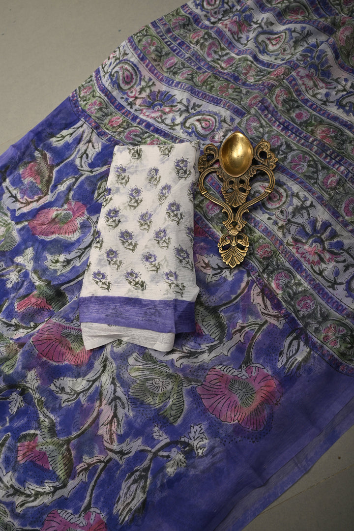 Ink Purple Georgette Saree with Sanganeri Hand Block Print | SHOBITAM