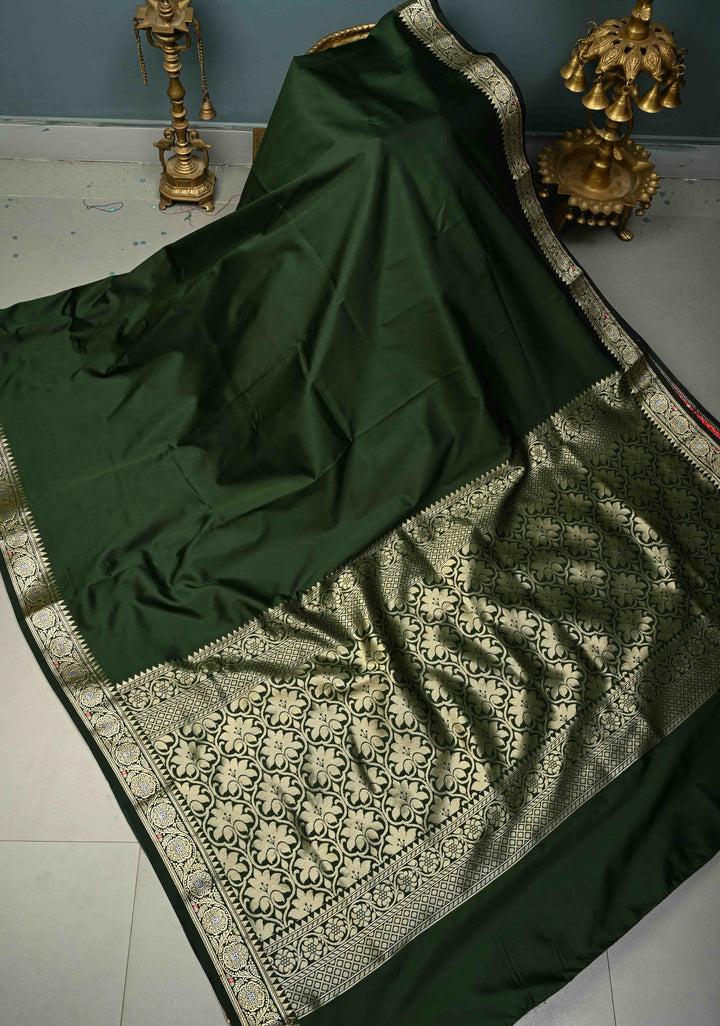 Deep Bottle Green Semi Silk Saree with Minimal Alfi Zari Border | SHOBITAM