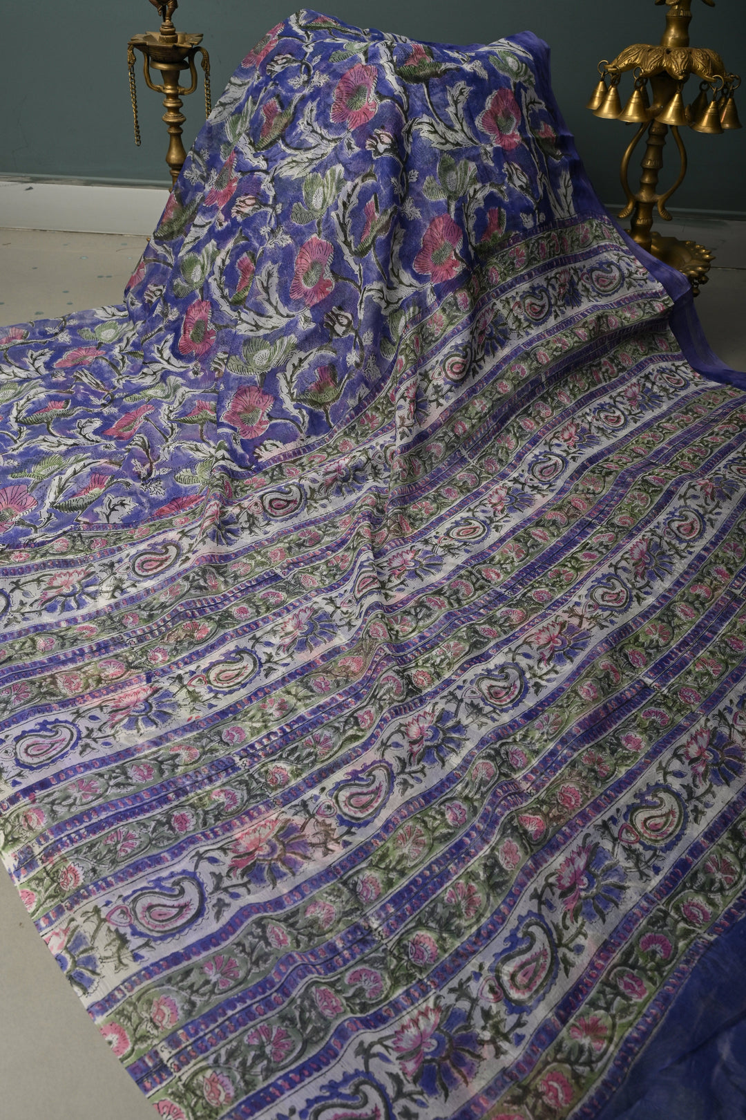 Ink Purple Georgette Saree with Sanganeri Hand Block Print | SHOBITAM