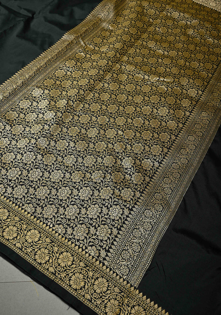 Black Semi Silk Saree with Minimal Zari Border | SHOBITAM