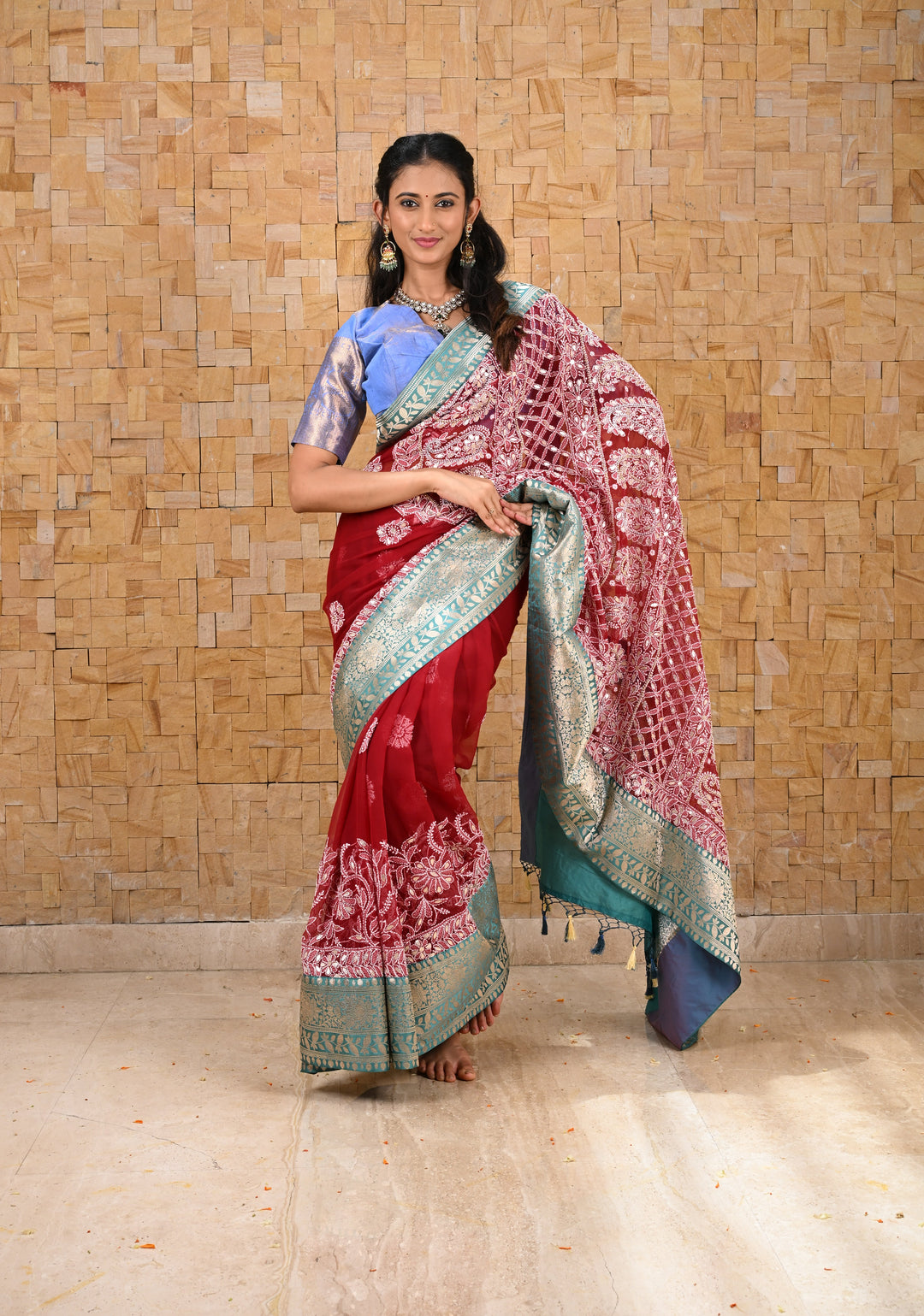 Authentic Hand Chikankari with Gotta Work on Maroon Georgette Saree and Fusion Kanjivaram Border