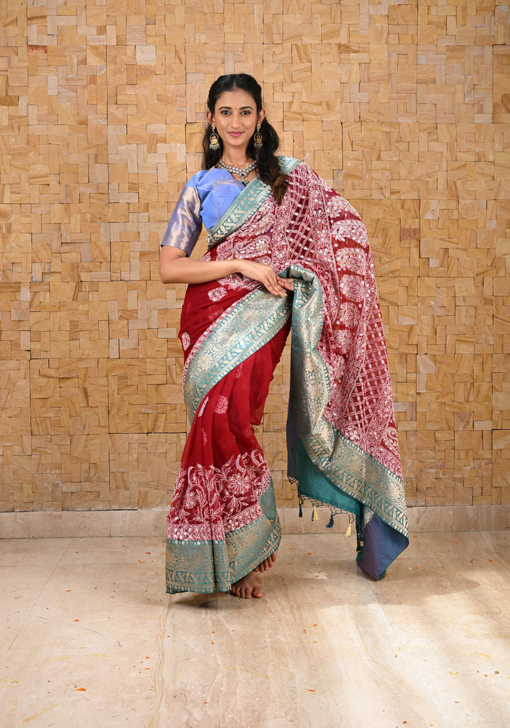 Authentic Hand Chikankari with Gotta Work on Maroon Georgette Saree and Fusion Kanjivaram Border