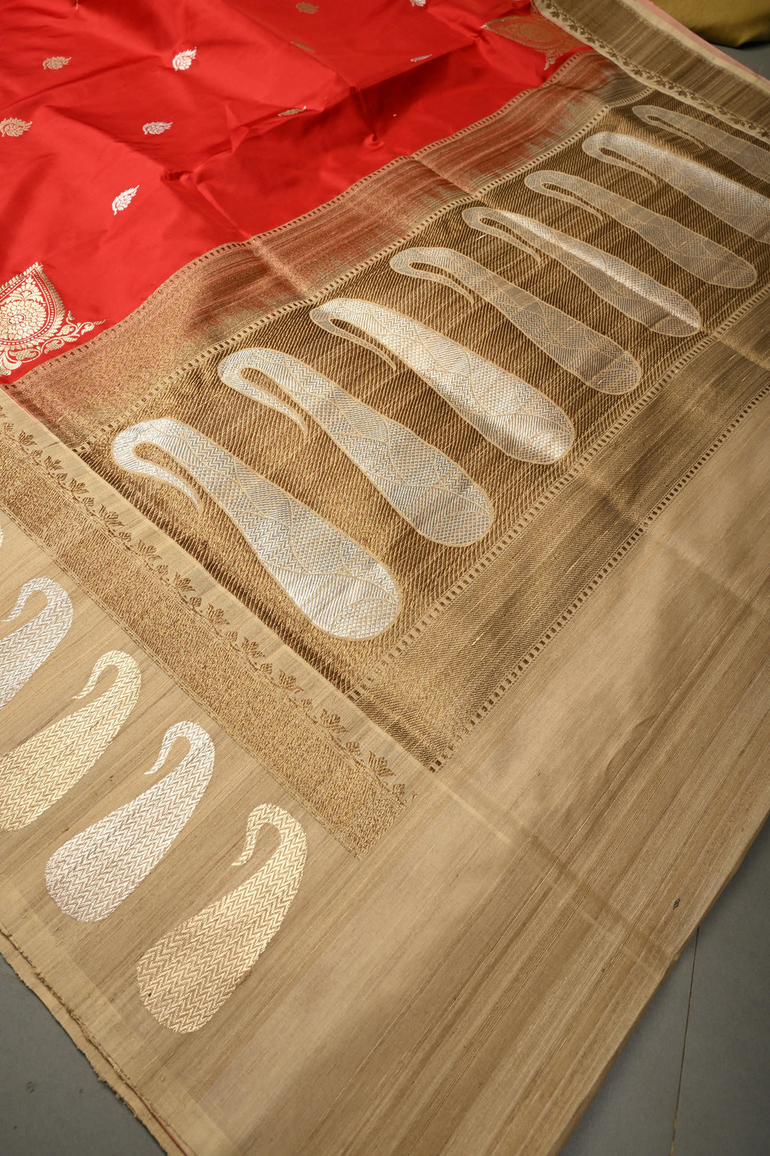 Blood Red Koniya Motifs on Pure Banarasi Katan Silk Saree with Sona Rupa Floral Zari Buttas and Contrast Paisley Zari Border | SILK MARK CERTIFIED | SHOBITAM
