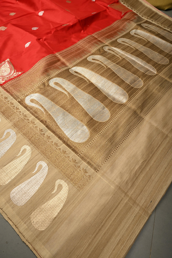 Blood Red Koniya Motifs on Pure Banarasi Katan Silk Saree with Sona Rupa Floral Zari Buttas and Contrast Paisley Zari Border | SILK MARK CERTIFIED | SHOBITAM