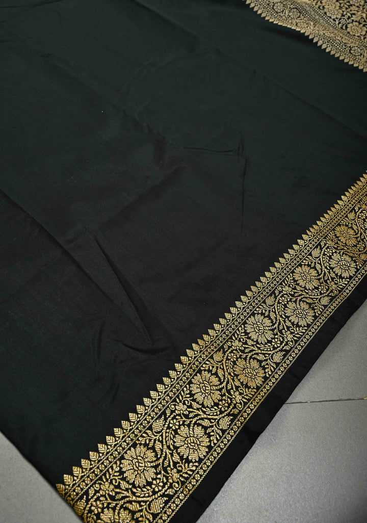 Black Semi Silk Saree with Minimal Zari Border | SHOBITAM