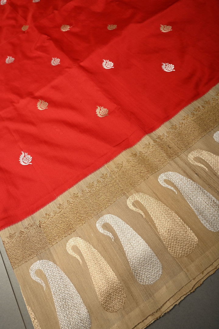 Blood Red Koniya Motifs on Pure Banarasi Katan Silk Saree with Sona Rupa Floral Zari Buttas and Contrast Paisley Zari Border | SILK MARK CERTIFIED | SHOBITAM