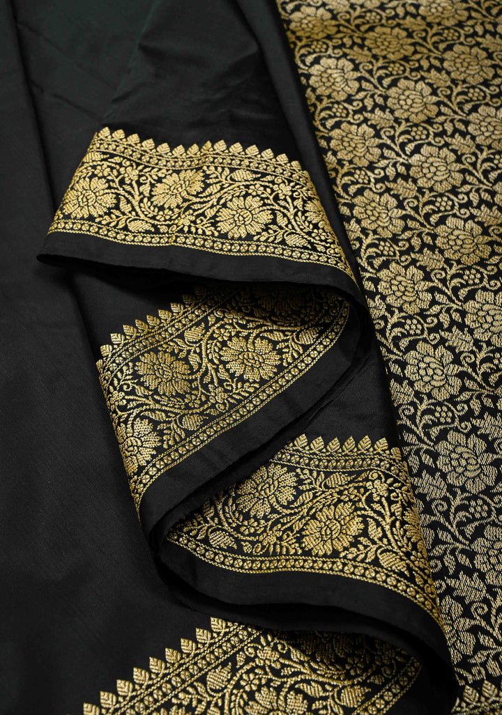Black Semi Silk Saree with Minimal Zari Border | SHOBITAM