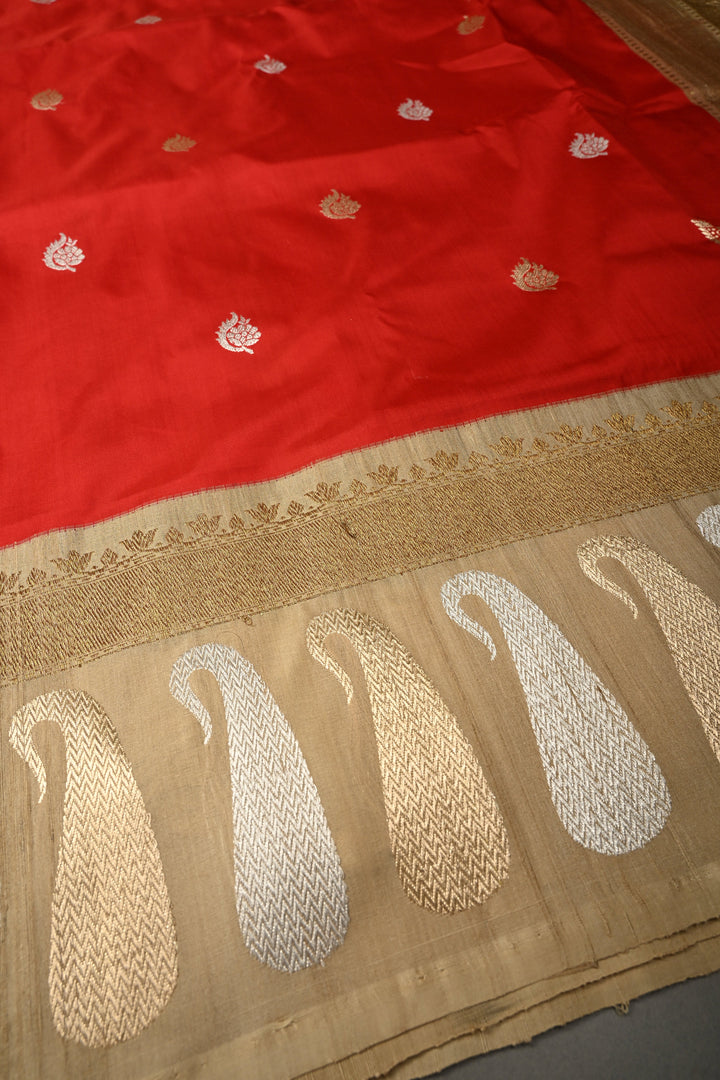 Blood Red Koniya Motifs on Pure Banarasi Katan Silk Saree with Sona Rupa Floral Zari Buttas and Contrast Paisley Zari Border | SILK MARK CERTIFIED | SHOBITAM