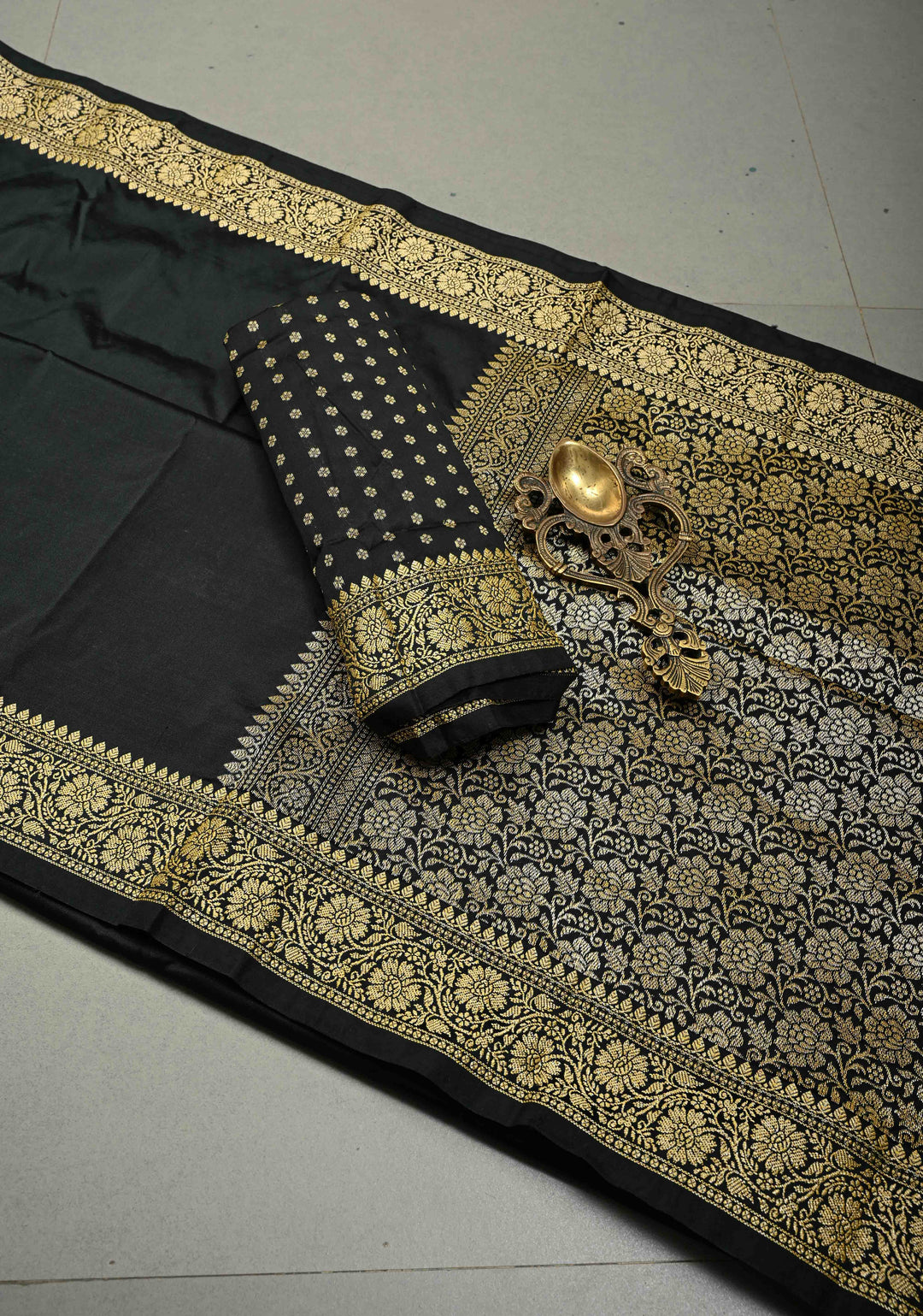 Black Semi Silk Saree with Minimal Zari Border | SHOBITAM