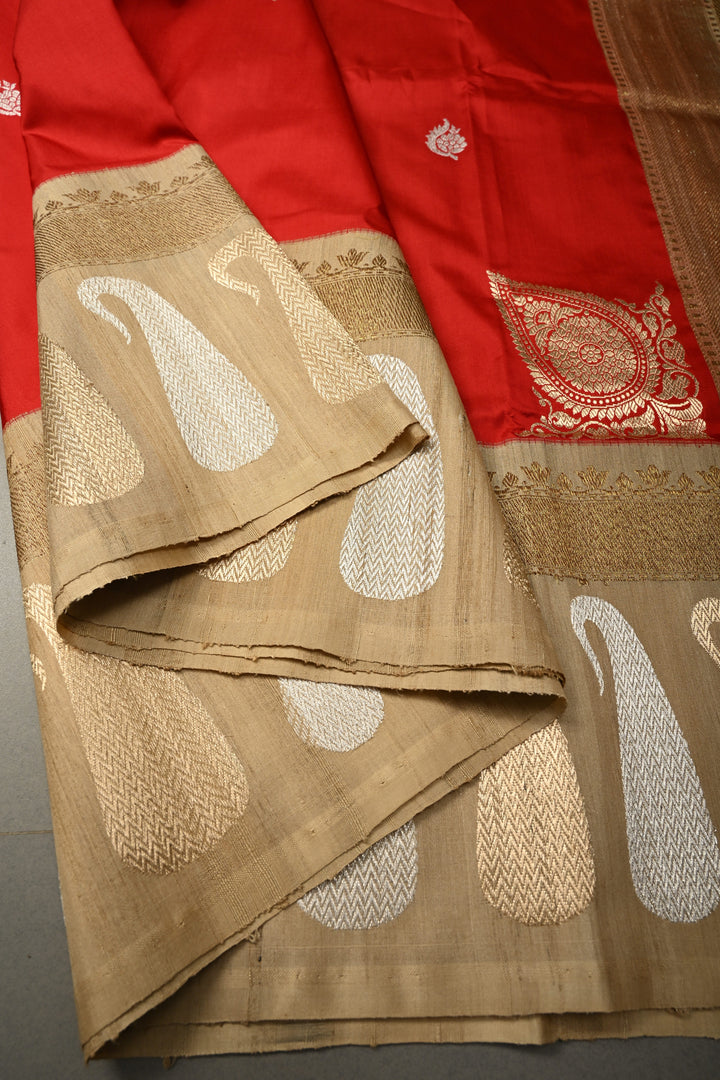 Blood Red Koniya Motifs on Pure Banarasi Katan Silk Saree with Sona Rupa Floral Zari Buttas and Contrast Paisley Zari Border | SILK MARK CERTIFIED | SHOBITAM