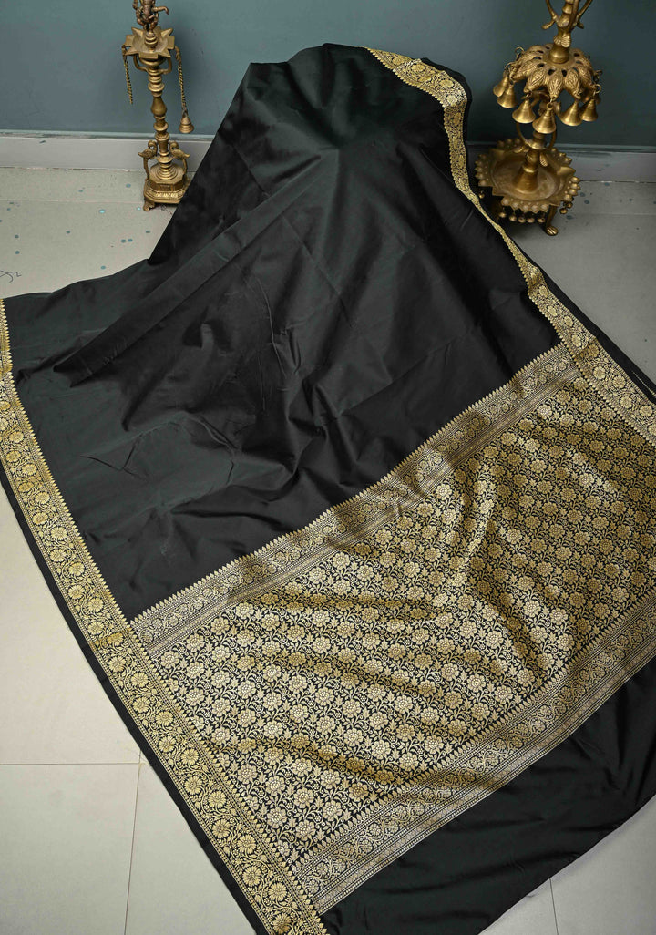 Black Semi Silk Saree with Minimal Zari Border | SHOBITAM