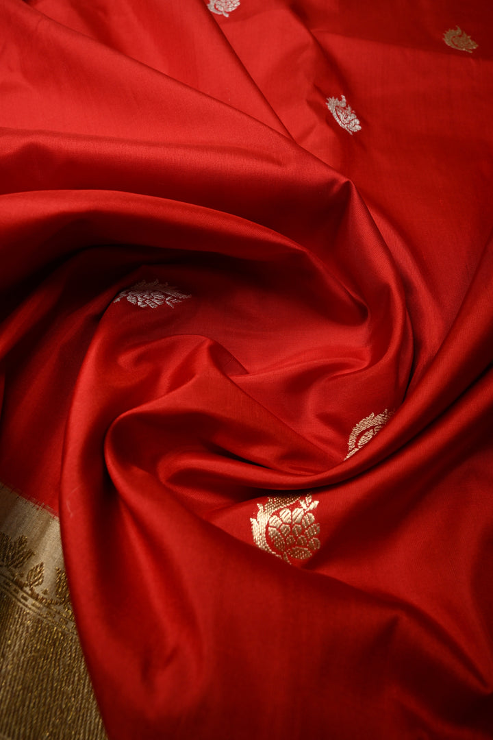 Blood Red Koniya Motifs on Pure Banarasi Katan Silk Saree with Sona Rupa Floral Zari Buttas and Contrast Paisley Zari Border | SILK MARK CERTIFIED | SHOBITAM