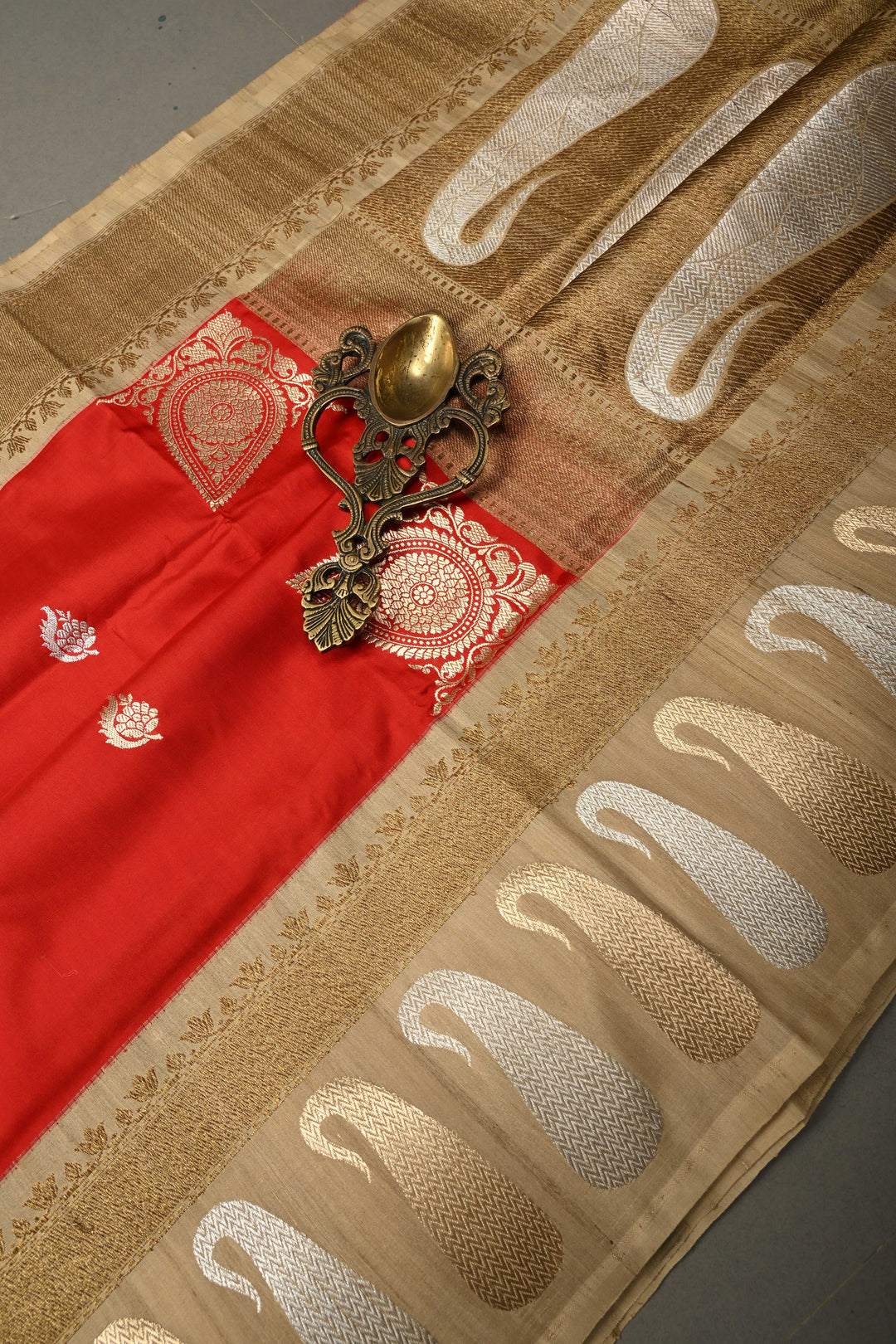 Blood Red Koniya Motifs on Pure Banarasi Katan Silk Saree with Sona Rupa Floral Zari Buttas and Contrast Paisley Zari Border | SILK MARK CERTIFIED | SHOBITAM
