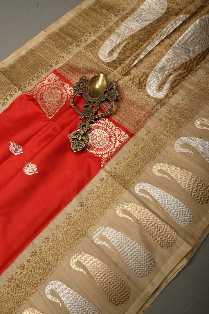Blood Red Koniya Motifs on Pure Banarasi Katan Silk Saree with Sona Rupa Floral Zari Buttas and Contrast Paisley Zari Border | SILK MARK CERTIFIED | SHOBITAM