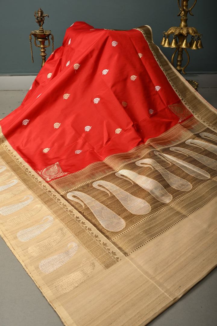 Blood Red Koniya Motifs on Pure Banarasi Katan Silk Saree with Sona Rupa Floral Zari Buttas and Contrast Paisley Zari Border | SILK MARK CERTIFIED | SHOBITAM
