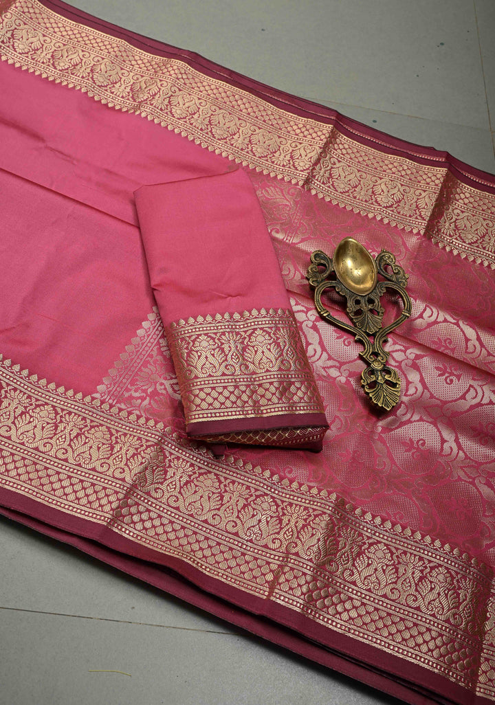 Dusty Rose Semi Silk Saree with Zari Border | SHOBITAM