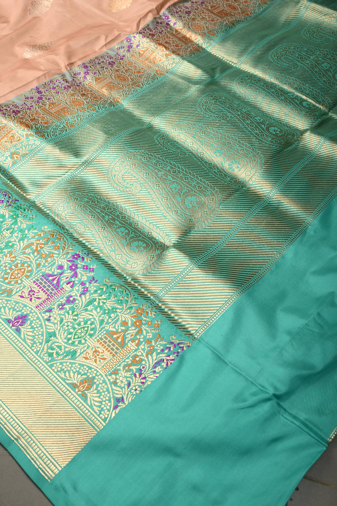 Peach Pure Banarasi Katan Silk Saree with Sona Rupa Floral Zari Buttas and Contrast Paithani Style Meenakari Zari Border | SILK MARK CERTIFIED | SHOBITAM