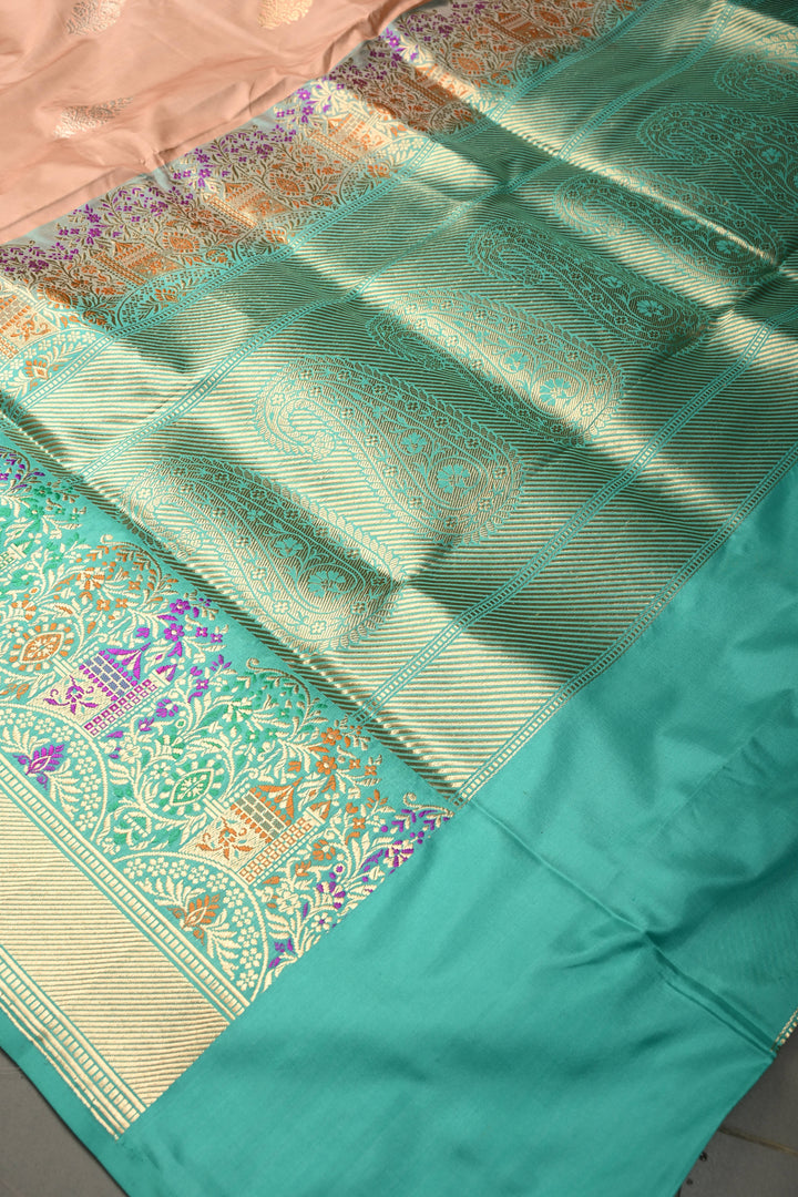 Peach Pure Banarasi Katan Silk Saree with Sona Rupa Floral Zari Buttas and Contrast Paithani Style Meenakari Zari Border | SILK MARK CERTIFIED | SHOBITAM
