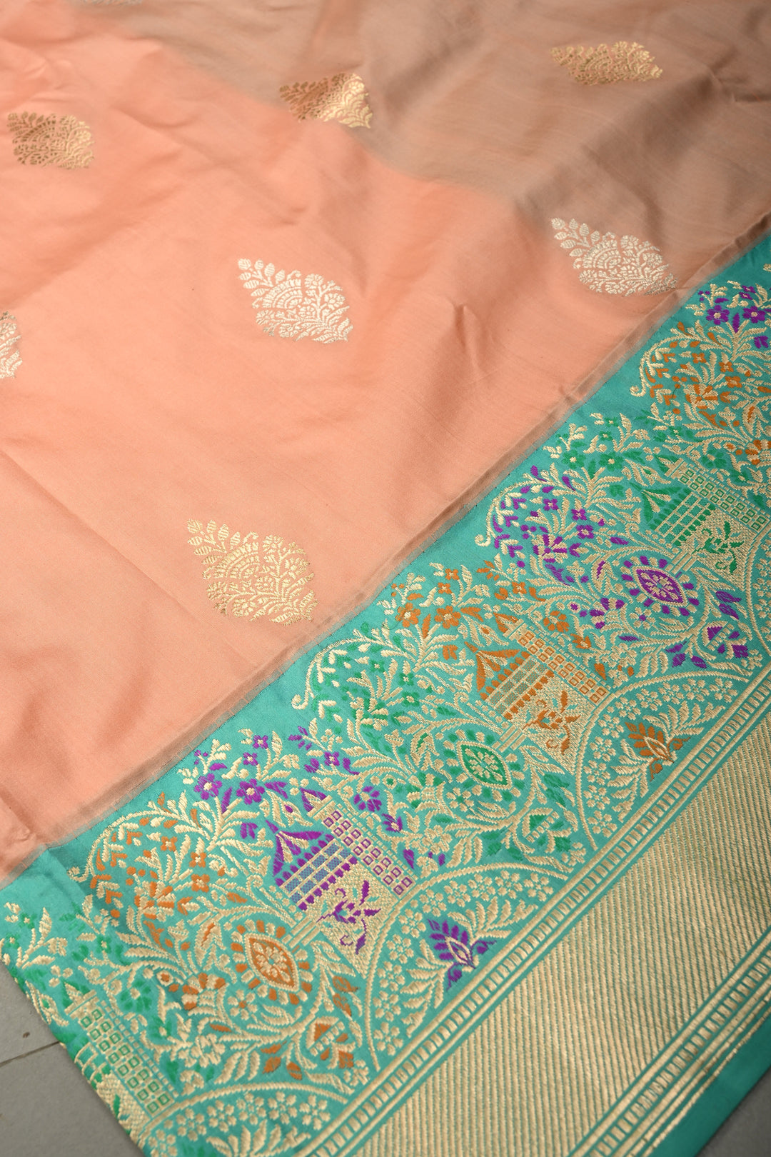 Peach Pure Banarasi Katan Silk Saree with Sona Rupa Floral Zari Buttas and Contrast Paithani Style Meenakari Zari Border | SILK MARK CERTIFIED | SHOBITAM