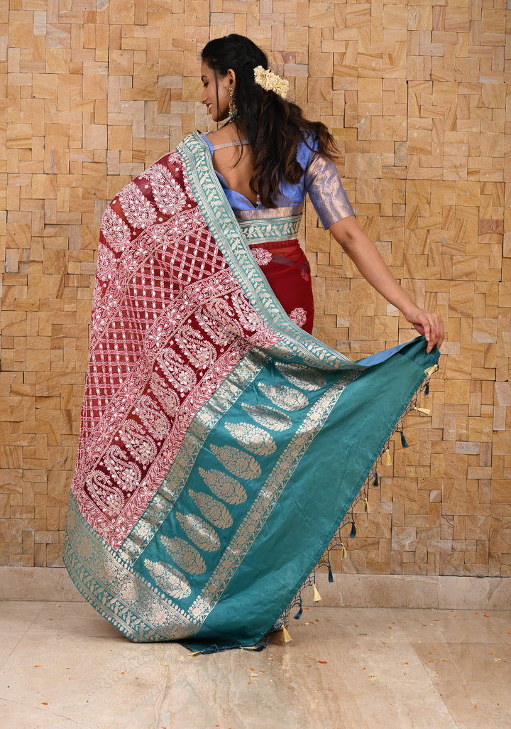 Authentic Hand Chikankari with Gotta Work on Maroon Georgette Saree and Fusion Kanjivaram Border
