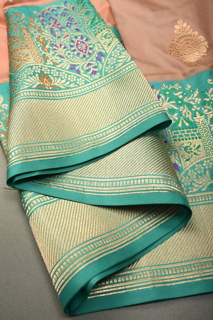 Peach Pure Banarasi Katan Silk Saree with Sona Rupa Floral Zari Buttas and Contrast Paithani Style Meenakari Zari Border | SILK MARK CERTIFIED | SHOBITAM
