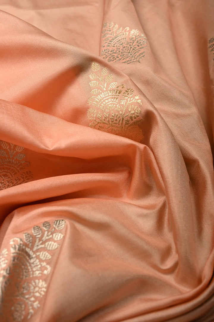 Peach Pure Banarasi Katan Silk Saree with Sona Rupa Floral Zari Buttas and Contrast Paithani Style Meenakari Zari Border | SILK MARK CERTIFIED | SHOBITAM