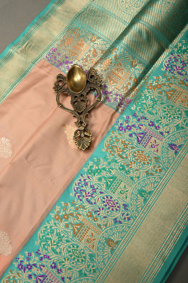 Peach Pure Banarasi Katan Silk Saree with Sona Rupa Floral Zari Buttas and Contrast Paithani Style Meenakari Zari Border | SILK MARK CERTIFIED | SHOBITAM