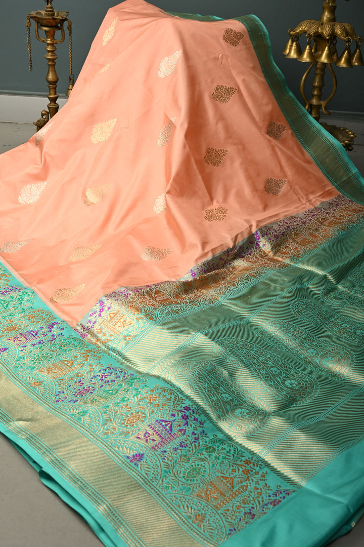 Peach Pure Banarasi Katan Silk Saree with Sona Rupa Floral Zari Buttas and Contrast Paithani Style Meenakari Zari Border | SILK MARK CERTIFIED | SHOBITAM