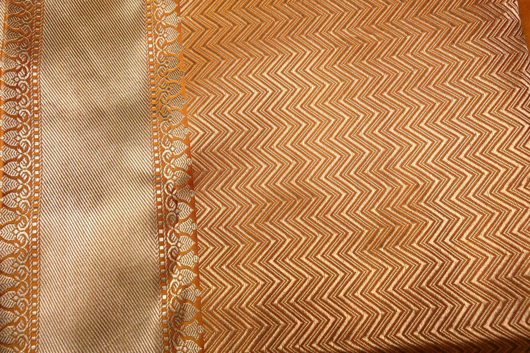Yellowish Orange-Pink Dual Tone Stripes on Tanchoi Banarasi Silk Saree in Pure Silk Satin with Zari Polka Dots and Zari Border| SILK MARK CERTIFIED | SHOBITAM