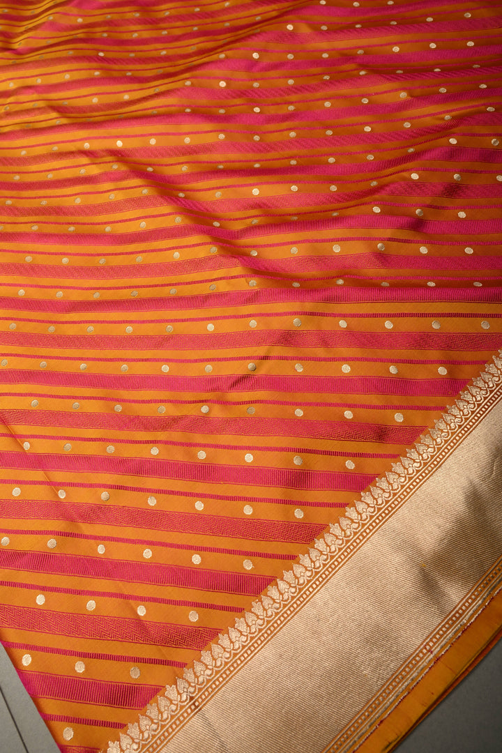 Yellowish Orange-Pink Dual Tone Stripes on Tanchoi Banarasi Silk Saree in Pure Silk Satin with Zari Polka Dots and Zari Border| SILK MARK CERTIFIED | SHOBITAM