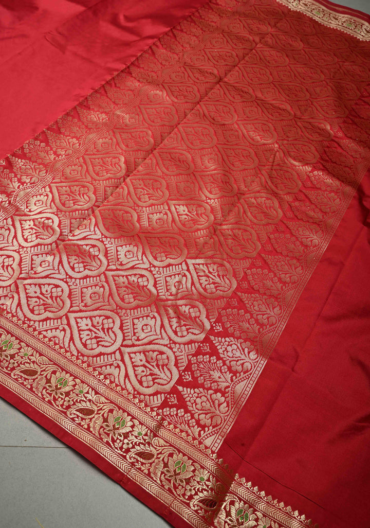 Chilli Red Semi Silk Saree with Minimal Meenakari Floral Zari Border | SHOBITAM